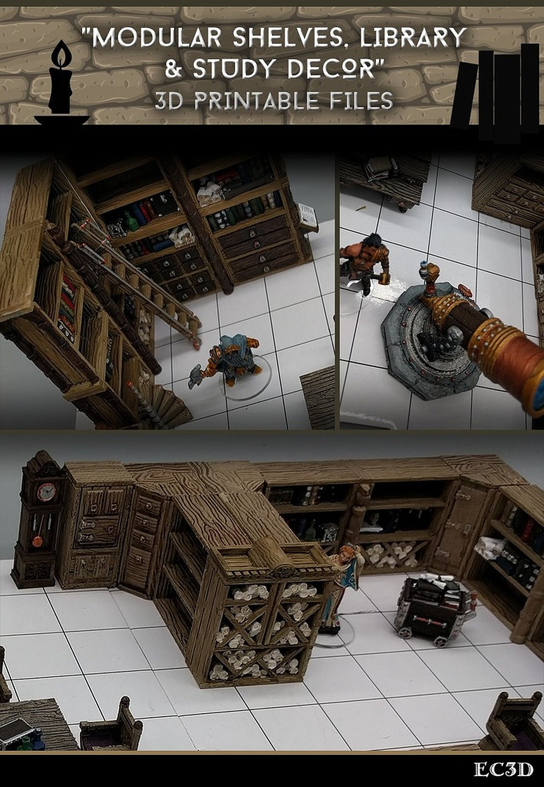 Modular Shelves - Library & Study Decor - 28mm Gaming - Sample Items – 3D Baskı Modeli