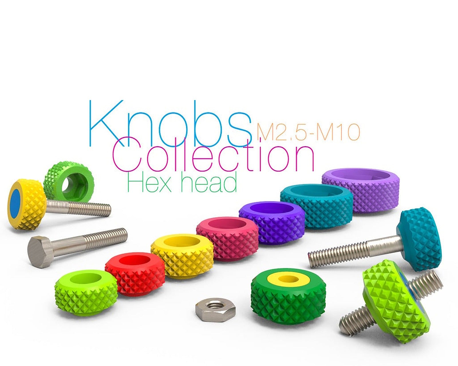 Knobs Collection for Bolt Hex head and Nut M2.5-M10 – 3D Baskı Modeli