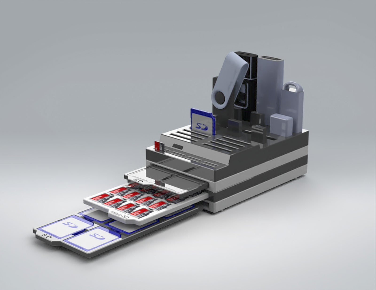SD Card & micro SD Card kutu/düzenleyici with USB Stick stand – 3D Baskı Modeli