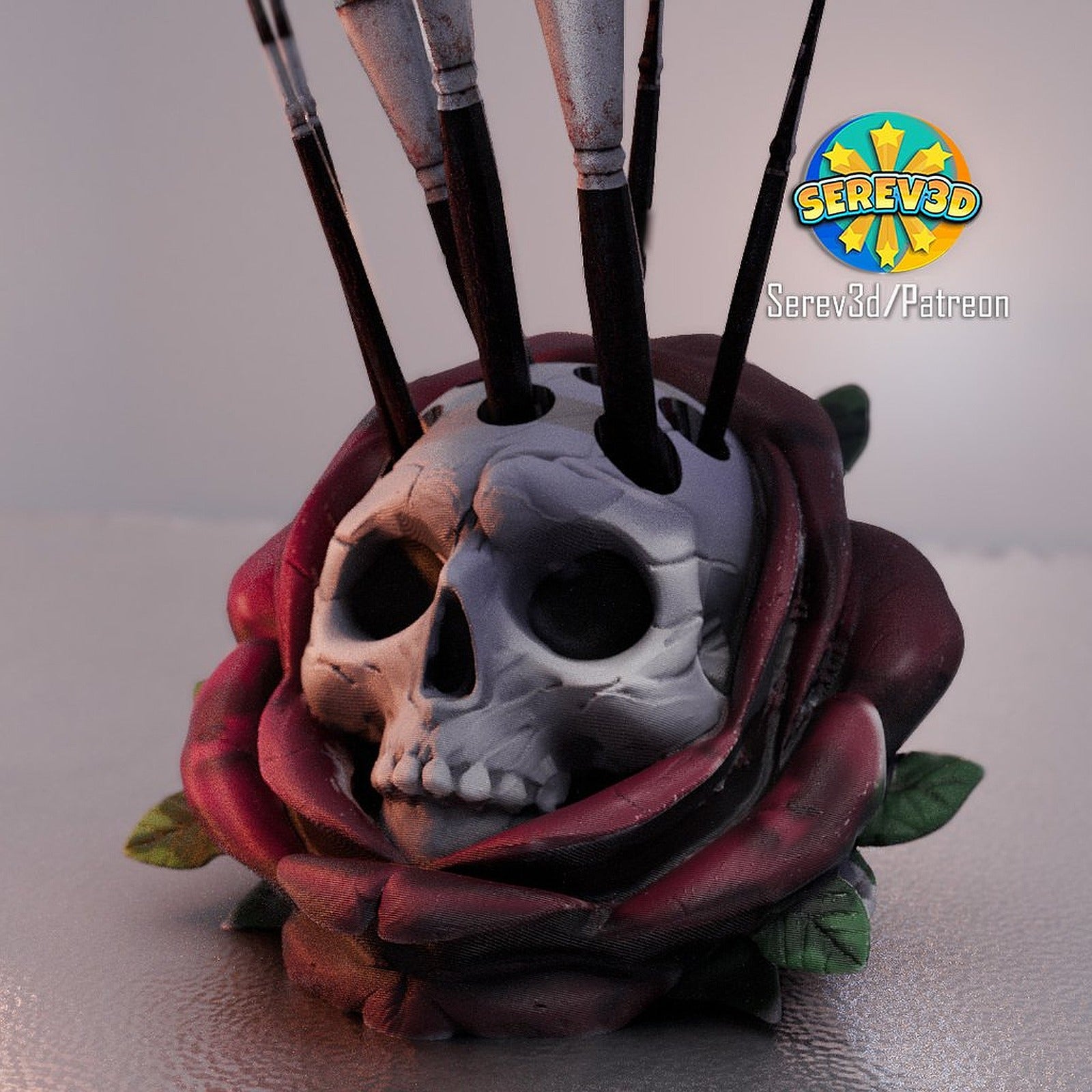 Skull Rose - kalem & Brush stand - desk kutu/düzenleyici - Serev3D – 3D Baskı Modeli